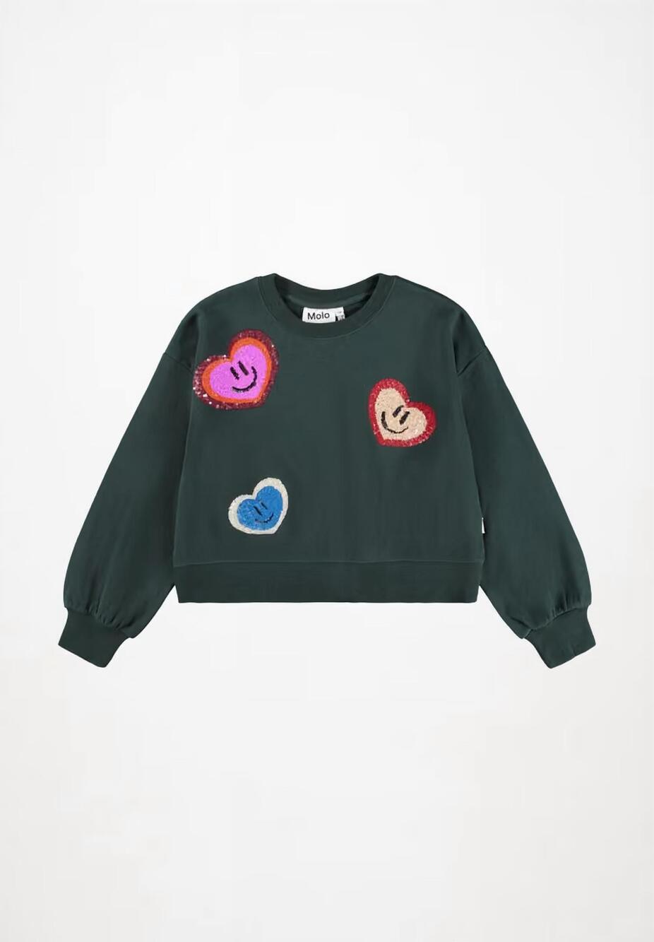 NEW MOLO girls miki sequin heart sweatshirt in dark green